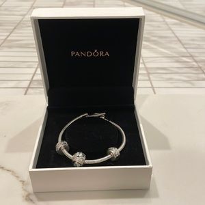 Pandora sterling silver Moments T-bar snake chain bracelet with sparkling charms